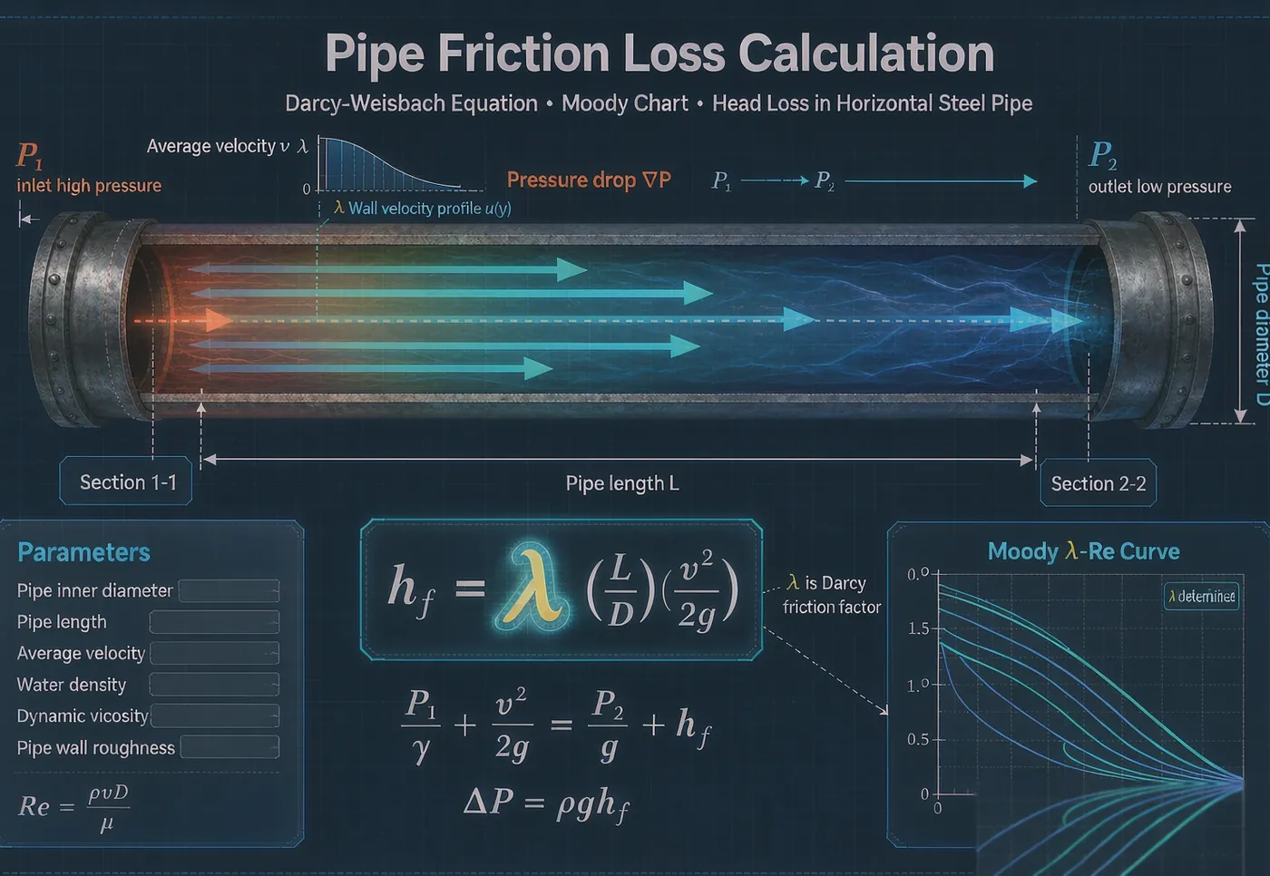 Darcy-Weisbach pipe friction loss calculator